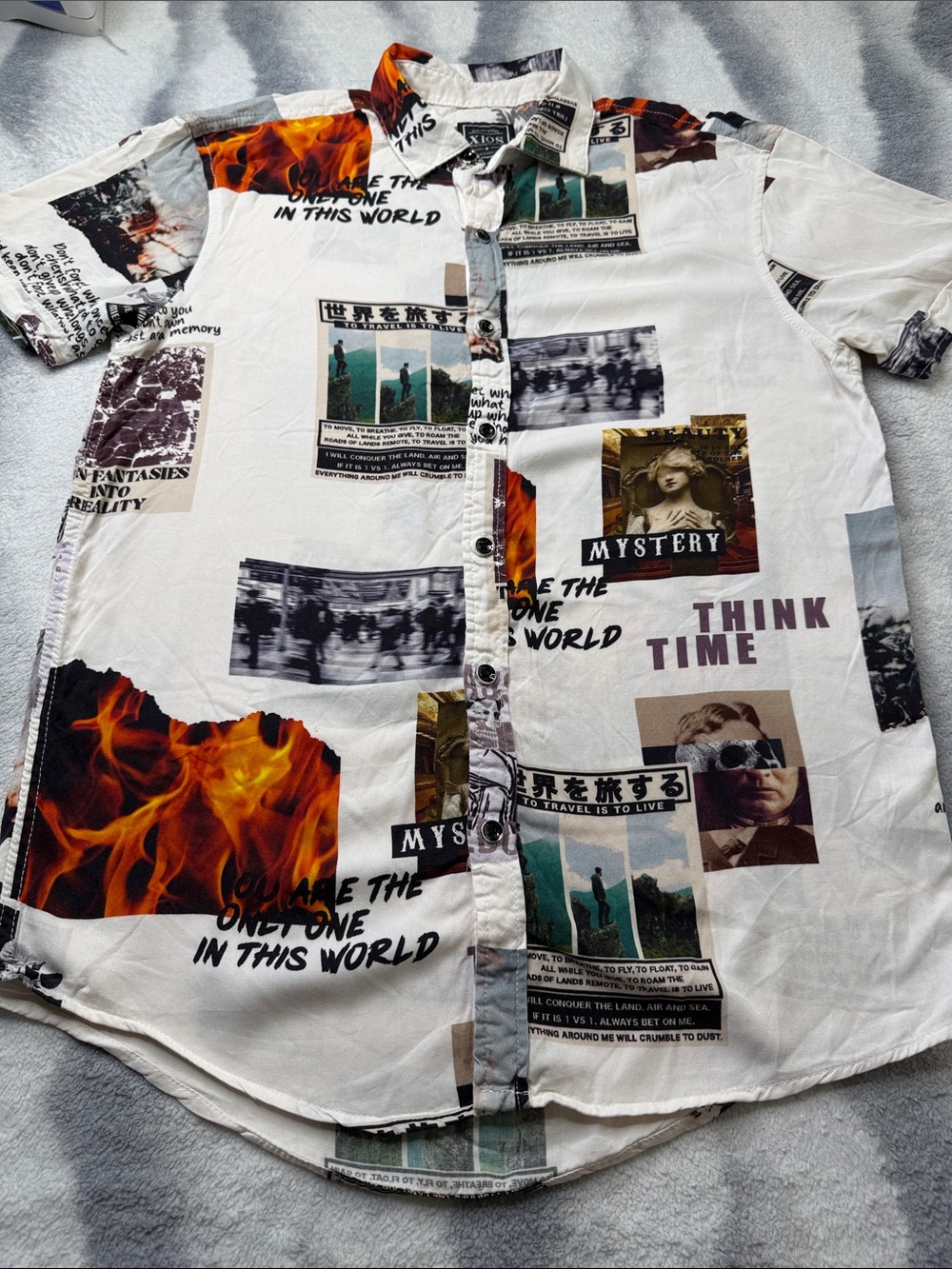 Casual Short-Sleeve Button-Down Shirt - White with Multicolor Graphic Print